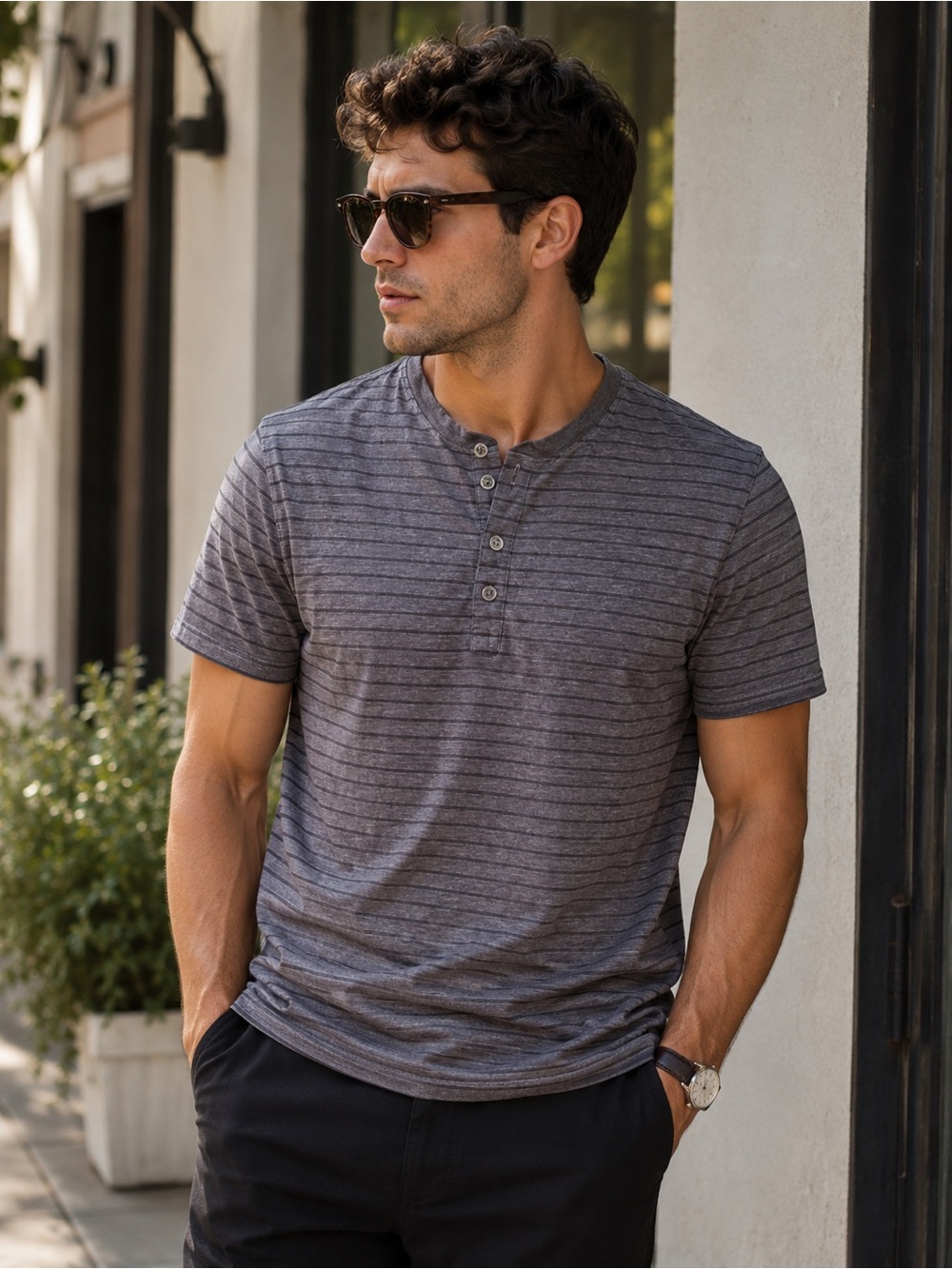 Structure Slim Fit Gray Striped Henley‎ Shirt Medium Modern Casual Mens Top